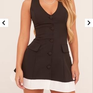 SHEIN Black Sleeveless Blazer Dress with White Pleated Hem Faux Pocket Mini M